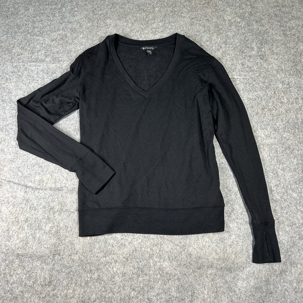 Athleta Sunrise V Neck Sweatshirt Size Small Black Thumbholes Pullover
